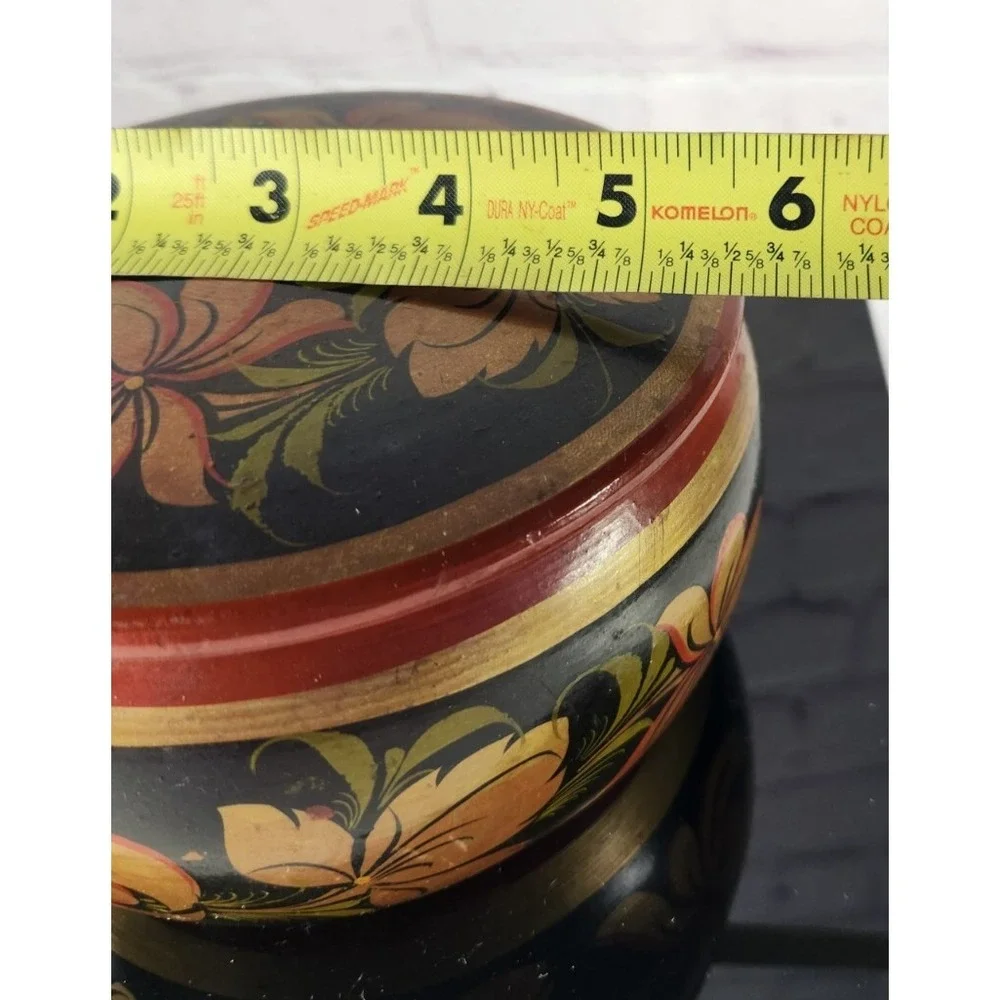 Russian Handcrafted Laquer Wood Floral Painted Trinket Box Vintage